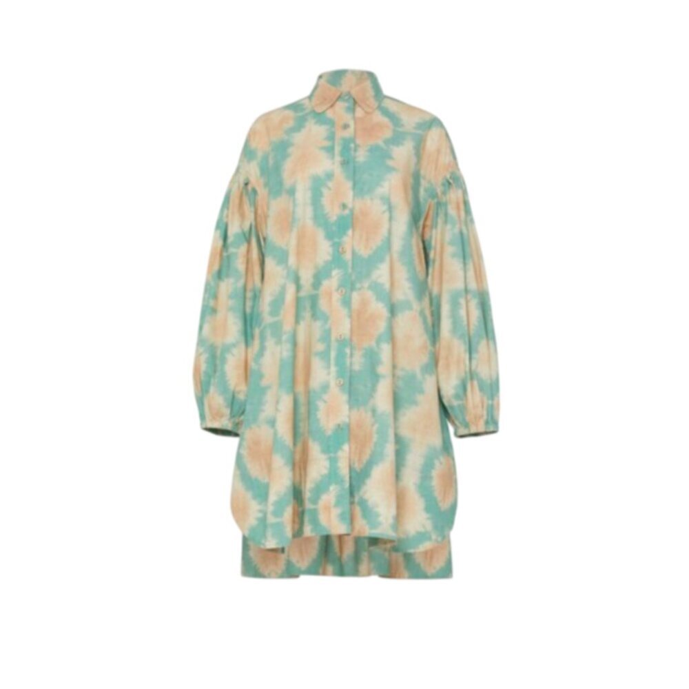 Ulla Johnson Alejandra Shirt Shift Dress Womens 6 Teal Green Tan Long Sleeve - Picture 11 of 12